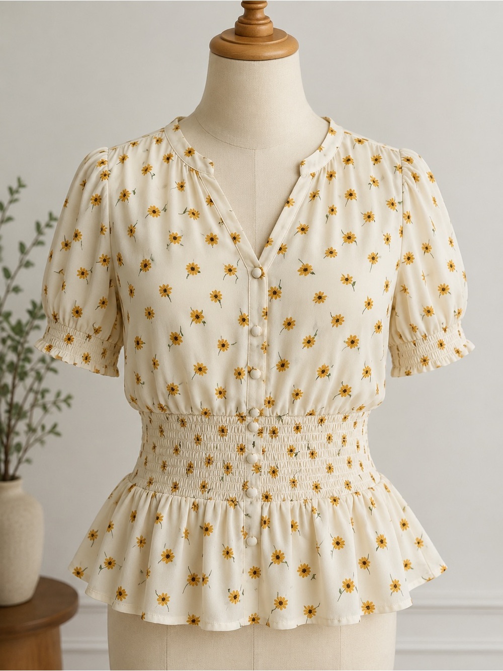 Sienna Sky Cream Floral Smocked Peplum Blouse